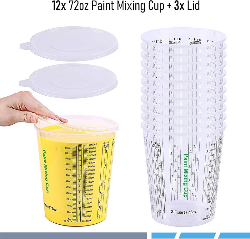 CANOPUS 72-oz Paint Mixing Cups, Pack of 12 Cups with 3 Lids, Reusable and Solvent-Resistant Clear Plastic Containers for Paint, Epoxy, Resin, Oil, and Thinner - Image 2